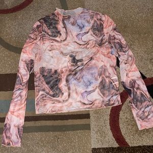 Marble print sheer lettuce edge top